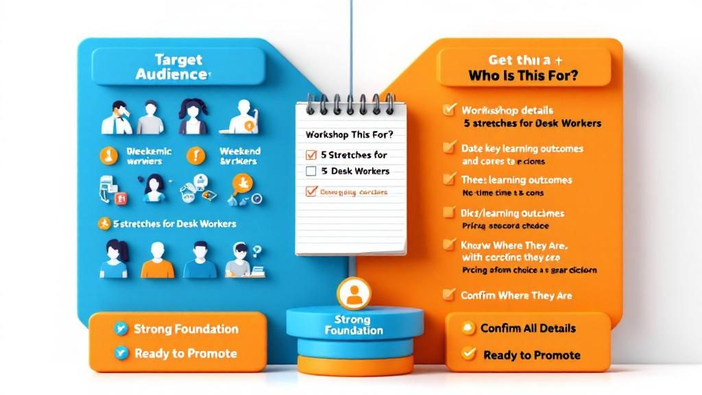 Workshop foundation planning showing target audience identification and detailed event specifications before promotion begins