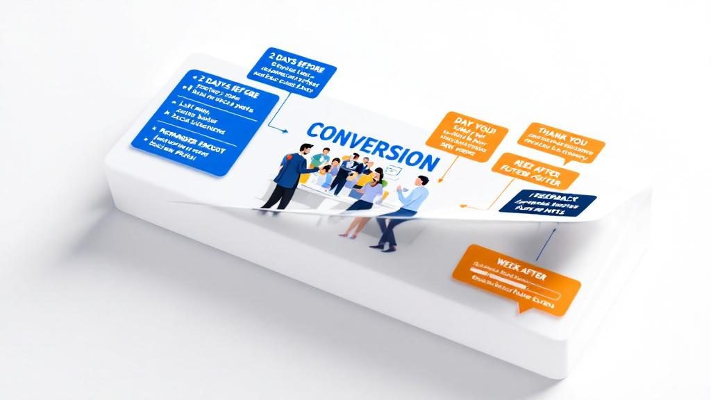 Workshop promotion timeline showing pre-event reminders and post-event follow-up sequence converting attendees into patients