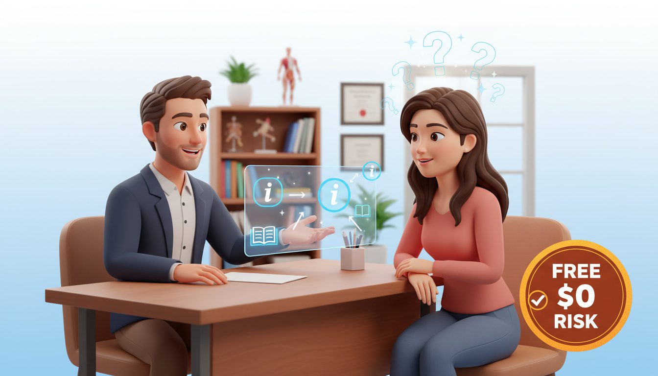 Zero-risk consultation offer showing friendly chiropractor consultation without treatment commitment Zero-risk consultation offer showing friendly chiropractor consultation without treatment commitment