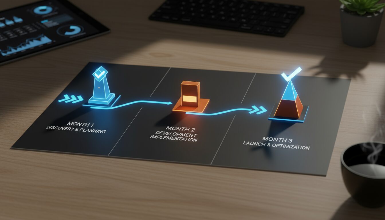 90-day implementation roadmap timeline showing three-month phased approach to chiropractic marketing automation setup and optimization