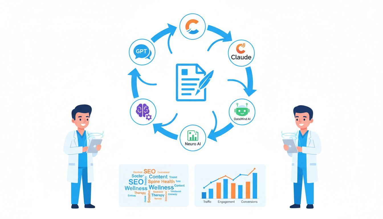 AI blog writing tools ecosystem showing integration of multiple platforms for chiropractic content creation