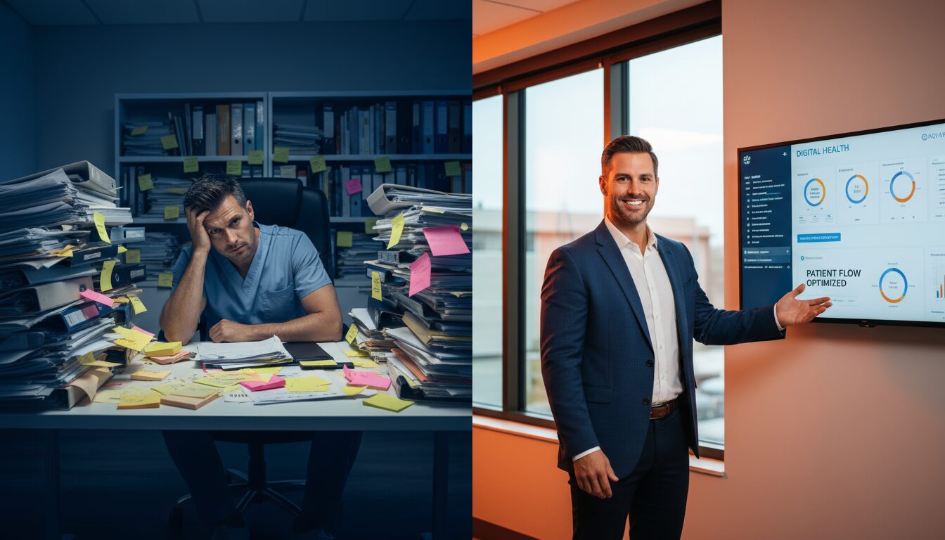 Before and after comparison showing chiropractor transformation from manual overwhelm to efficient automated practice management