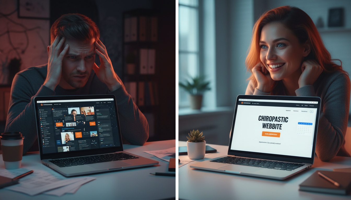 Before and after comparison showing frustrated patient with confusing website versus happy patient easily booking on optimized chiropractic website
