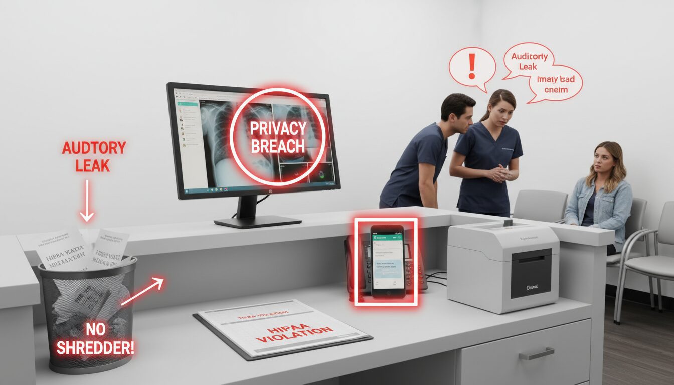 Busy chiropractic office displaying common privacy violations like open charts and unencrypted messages