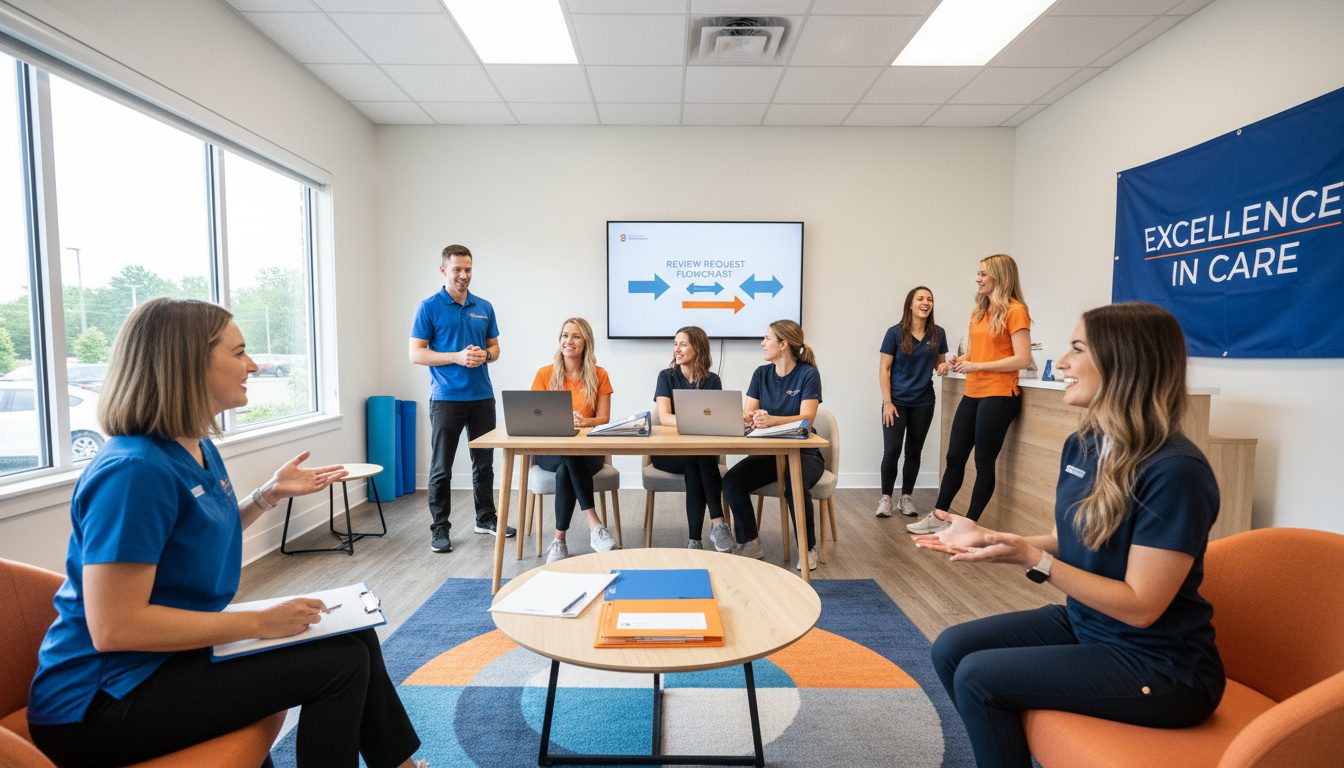 Chiropractic team training on systematic review request process showing collaborative approach