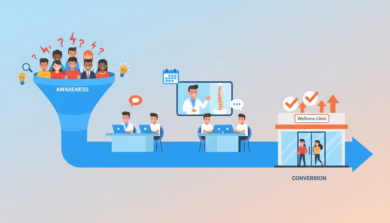 Chiropractic webinar funnel stages showing patient journey from awareness to booking appointments