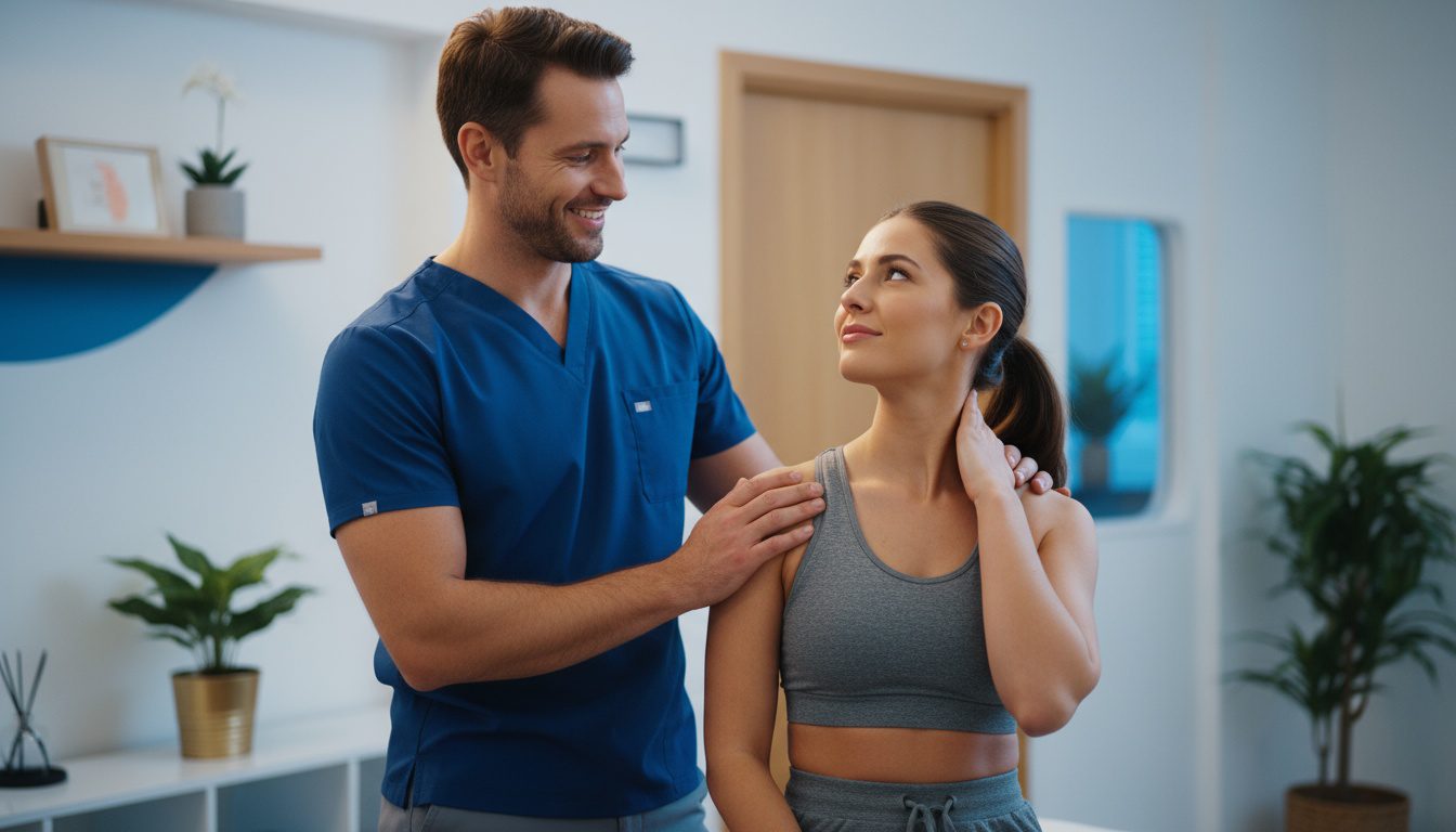 Chiropractor and satisfied patient having natural conversation showing ideal timing for review requests