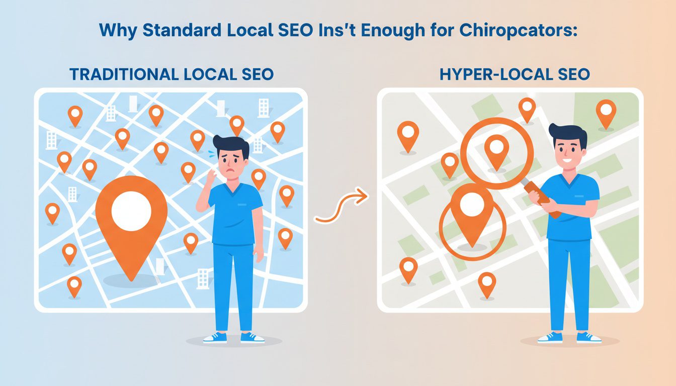 Chiropractor comparing city-wide SEO versus neighborhood-focused local SEO strategy illustration