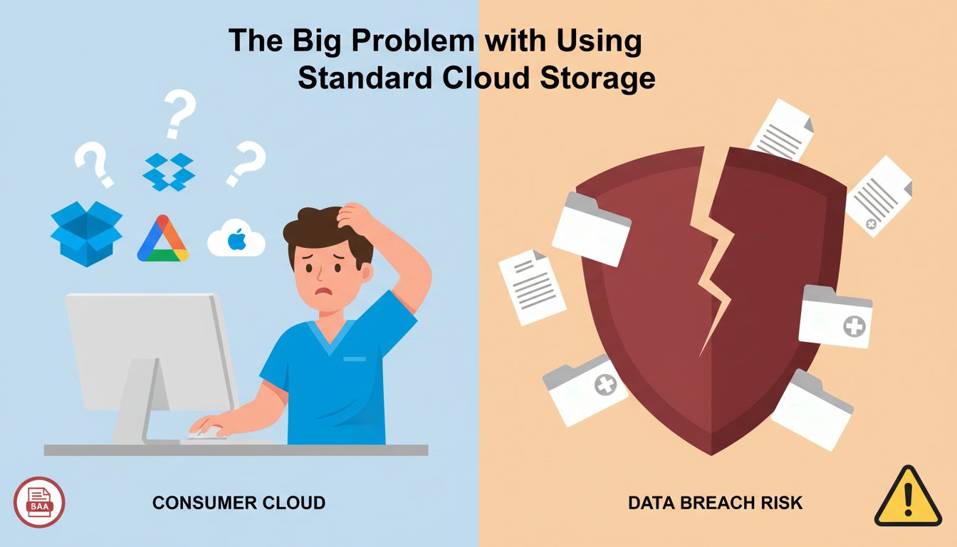 Chiropractor comparing consumer cloud storage versus HIPAA compliant solutions with security concerns