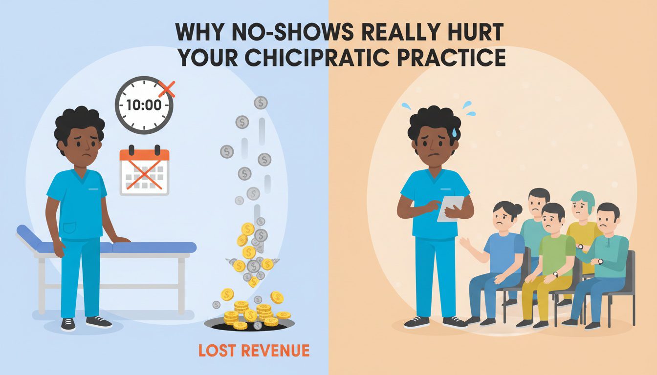 Chiropractor frustrated by empty appointment slot and waiting patients showing impact of no-shows