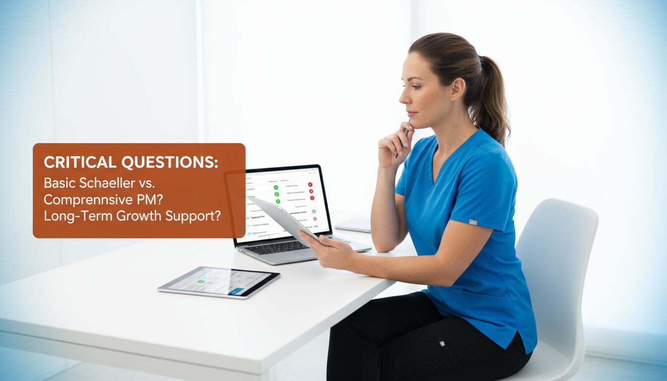 Chiropractor reviewing booking system evaluation checklist comparing integration compliance pricing and support features