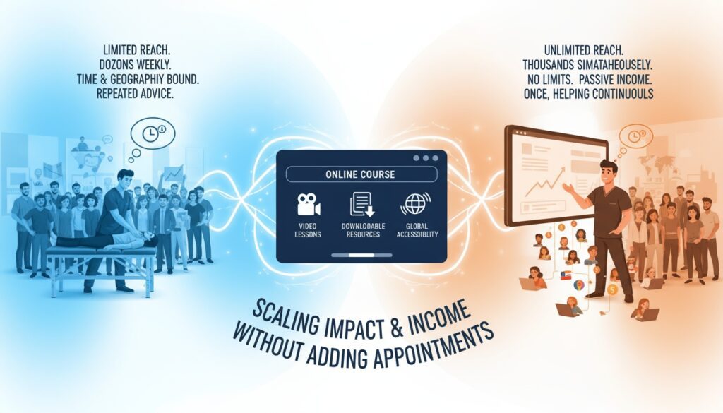 Chiropractor scaling limited office reach to unlimited online course impact teaching thousands simultaneously
