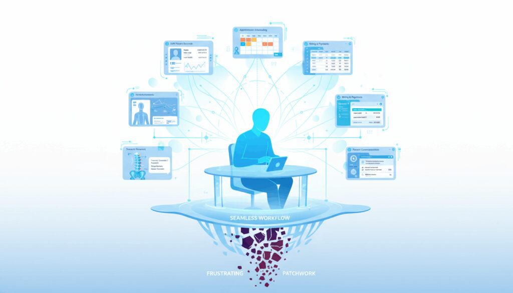 Chiropractor surrounded by interconnected software modules showing integrated practice management technology foundation
