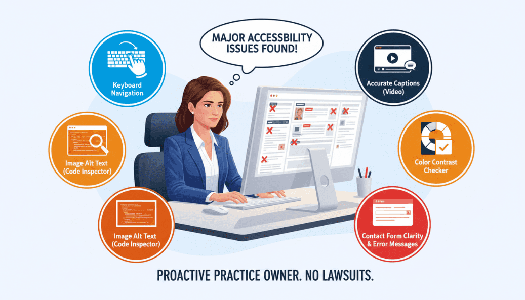 Chiropractor testing their website for accessibility using keyboard navigation image inspection video captions and contrast checking