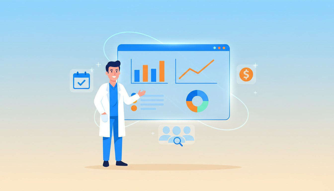 Chiropractor viewing analytics dashboard with KPI metrics and data visualization tools