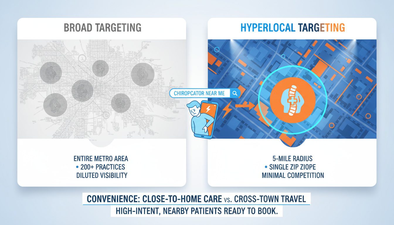 Citywide SEO competition versus hyperlocal neighborhood focus showing minimal competition and high intent