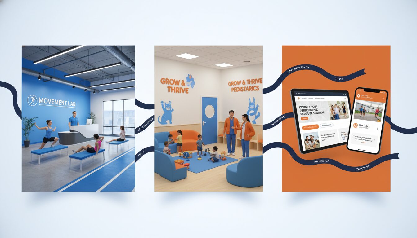 Complete brand experience showing physical office and digital presence aligned with niche specialty