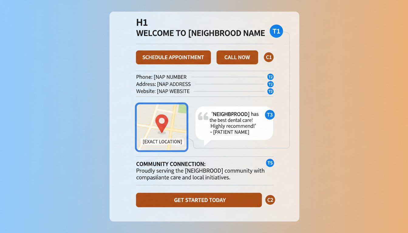 Complete landing page blueprint showing H1 tag call-to-action buttons NAP consistency embedded map testimonials and local community connection