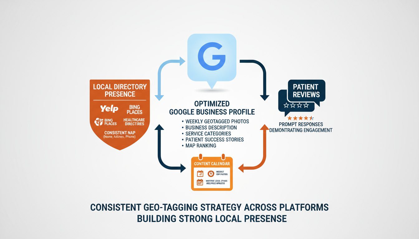 Consistent geo-tagging strategy across Google Business Profile_ directories_ and content calendar