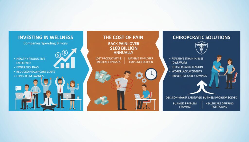 Corporate wellness opportunity showing back pain costs and chiropractic solutions addressing employer productivity concerns