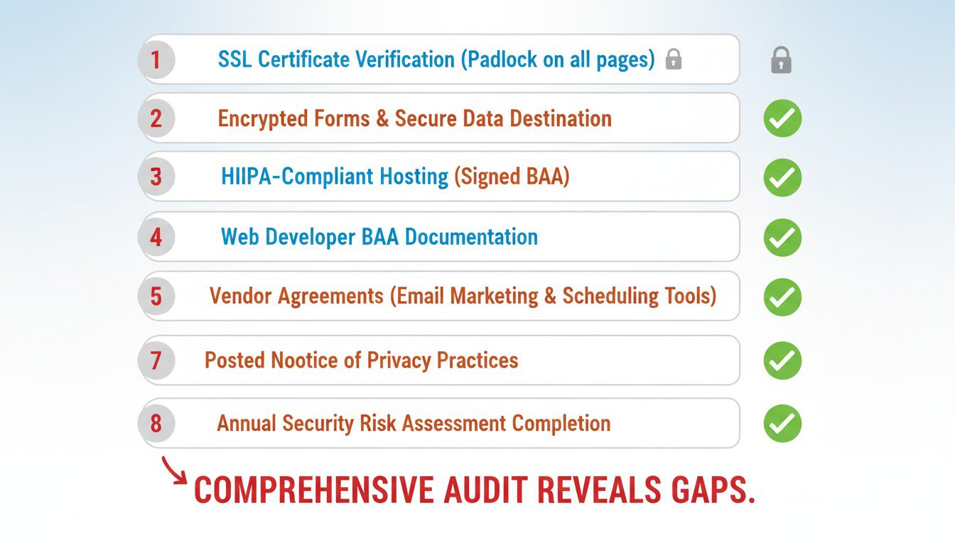 Eight-point HIPAA compliance checklist auditing website security from SSL to annual risk assessments
