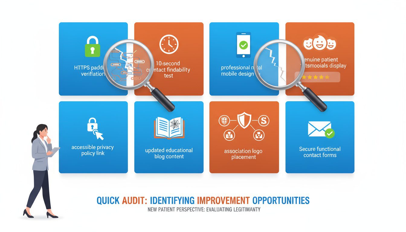 Eight-point trust signal audit checklist identifying missing credibility elements on chiropractic website