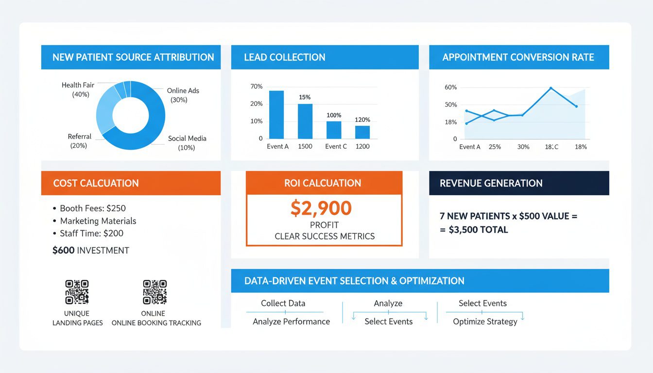 Event ROI tracking showing _600 investment generating _3_500 revenue through measurable patient conversion