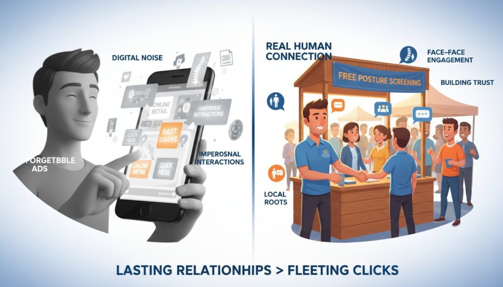 Face-to-face community event connection building lasting trust versus forgettable digital advertising