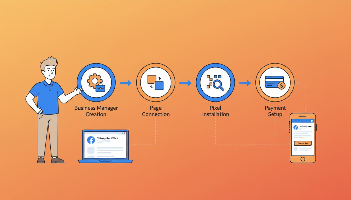 Facebook Business Manager setup workflow showing account creation and configuration steps