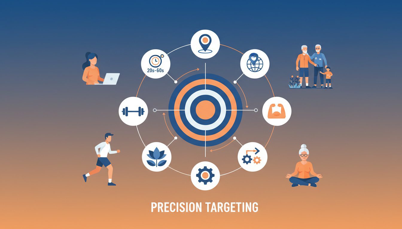 Facebook ad audience targeting showing demographic interests and behavioral factors for chiropractic patient acquisition