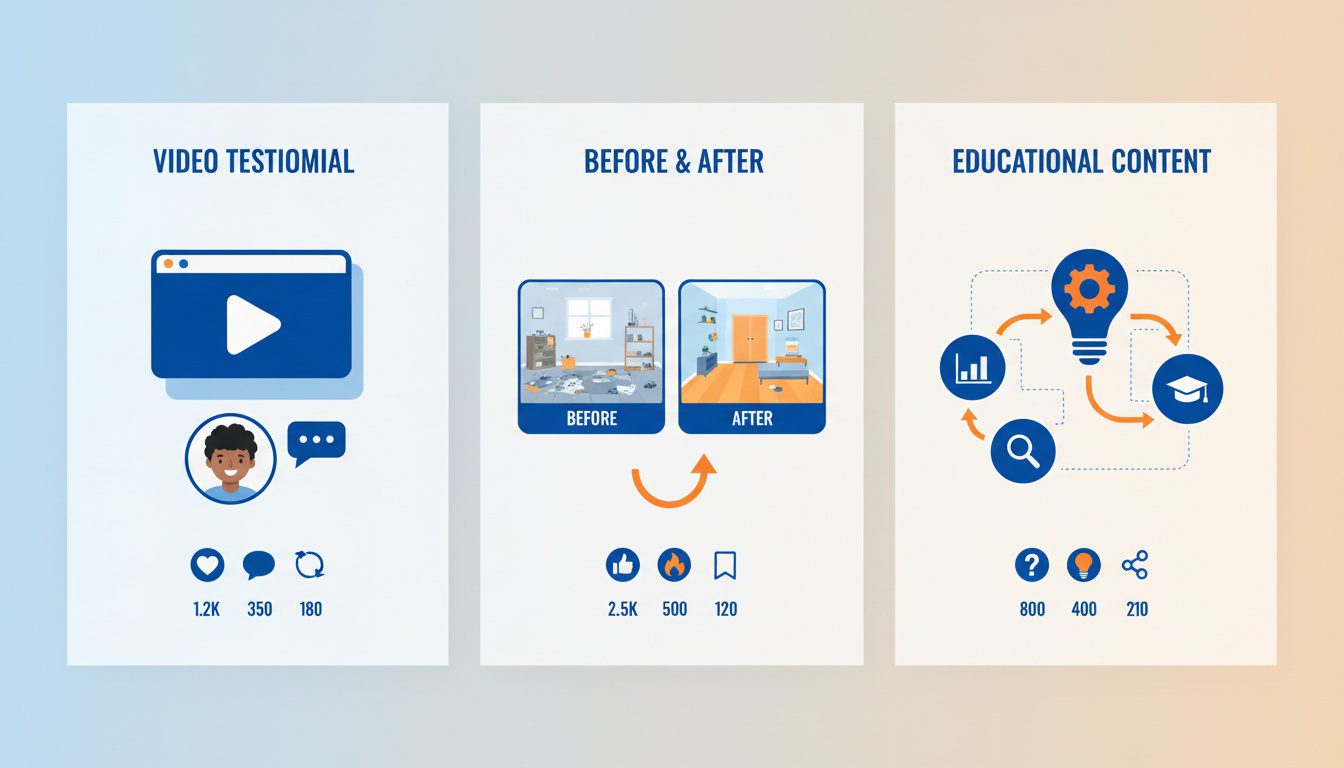 Facebook ad creative examples showing video testimonials transformations and educational content for chiropractic practices