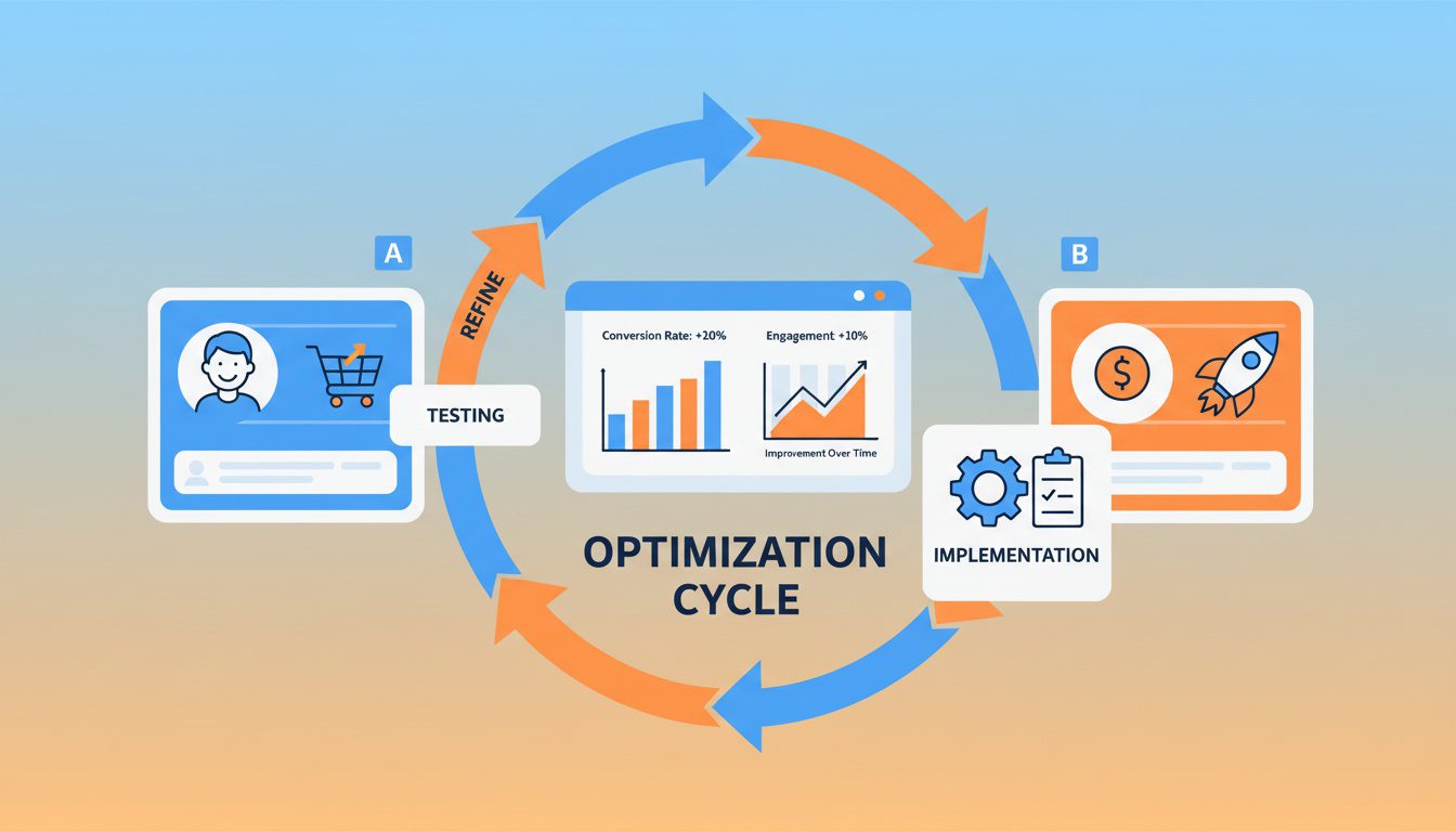 Facebook ads optimization process showing split testing and performance improvement cycle