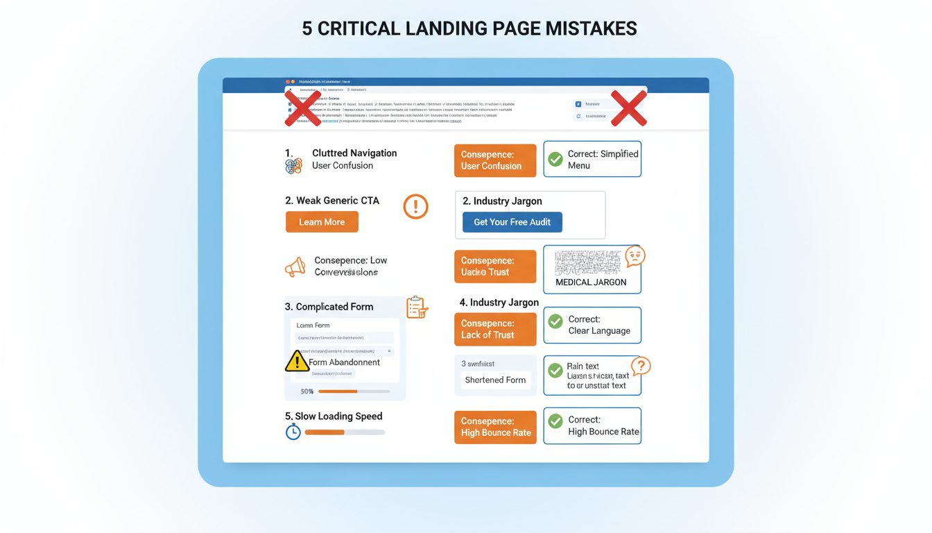 Five common landing page mistakes reducing conversions with solutions shown