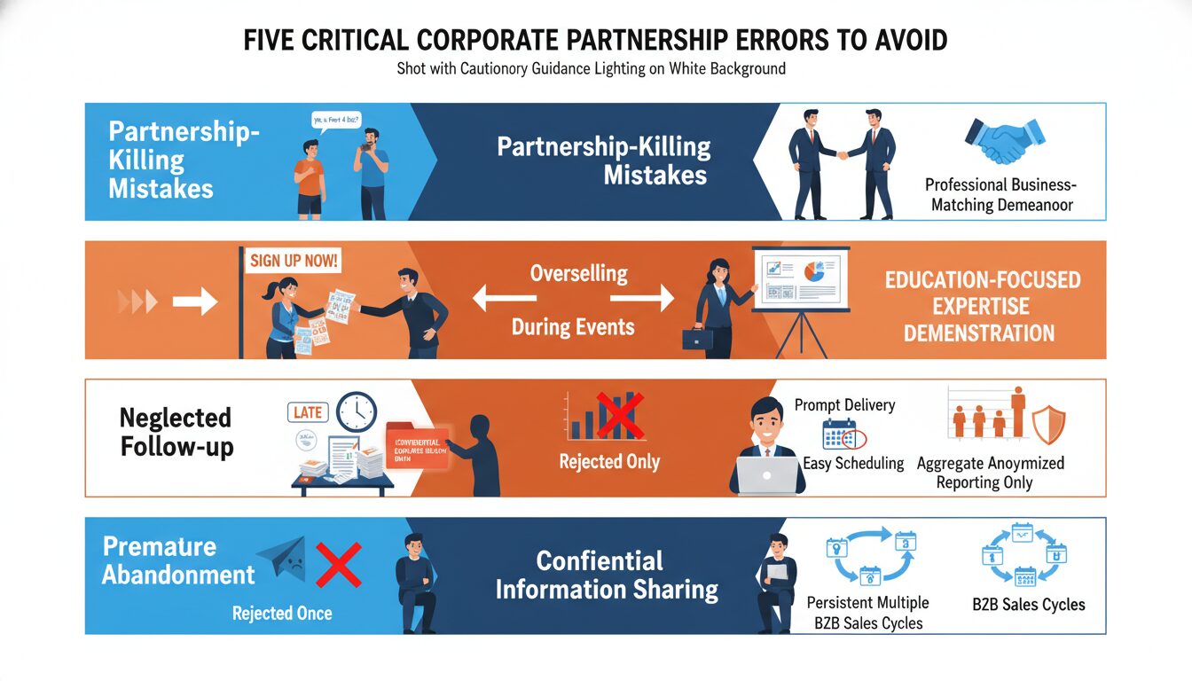 Five critical mistakes from unprofessional approach to overselling to poor follow-up destroying corporate partnerships