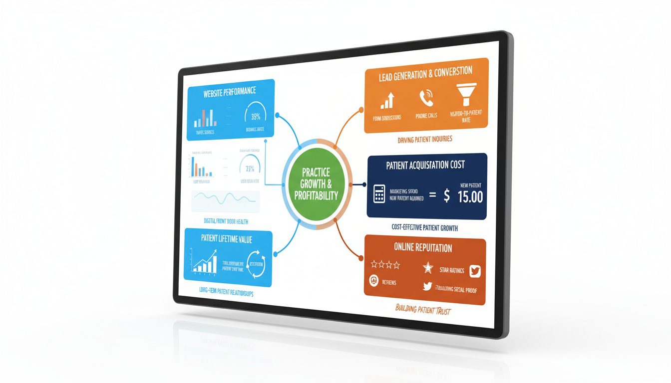 Five key metric categories tracking website performance_ conversions_ costs_ patient value_ and reputation