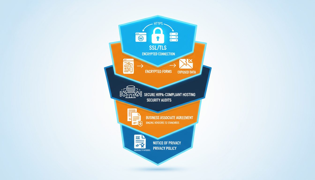 Five security layers from SSL to BAAs creating comprehensive HIPAA-compliant website protection