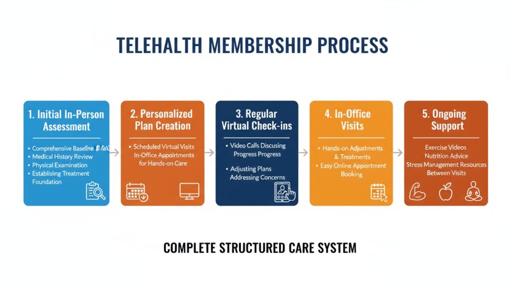 Five-step telehealth membership process from assessment through virtual check-ins to ongoing support