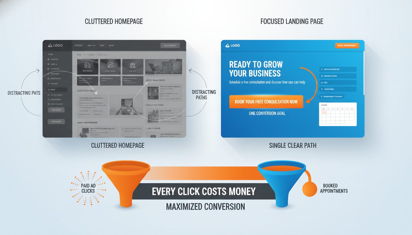 Focused landing page versus unfocused homepage showing single conversion path maximizing ad spend