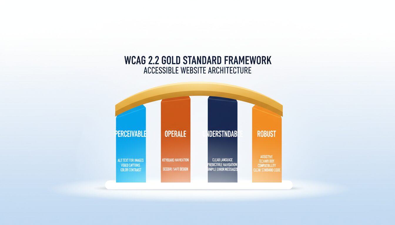 Four POUR principles of web accessibility showing Perceivable Operable Understandable and Robust pillars supporting compliance