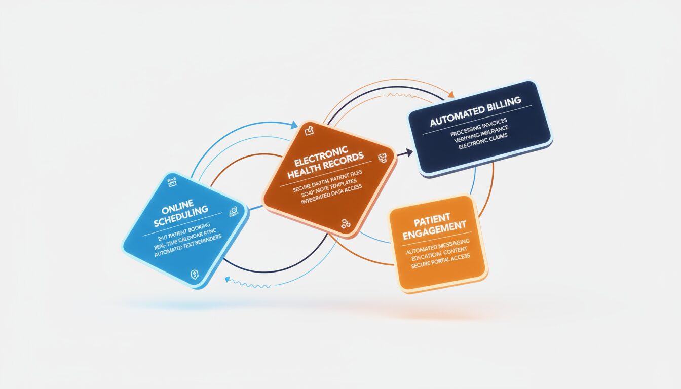 Four automation components scheduling_ EHR_ billing_ and patient communication working together seamlessly