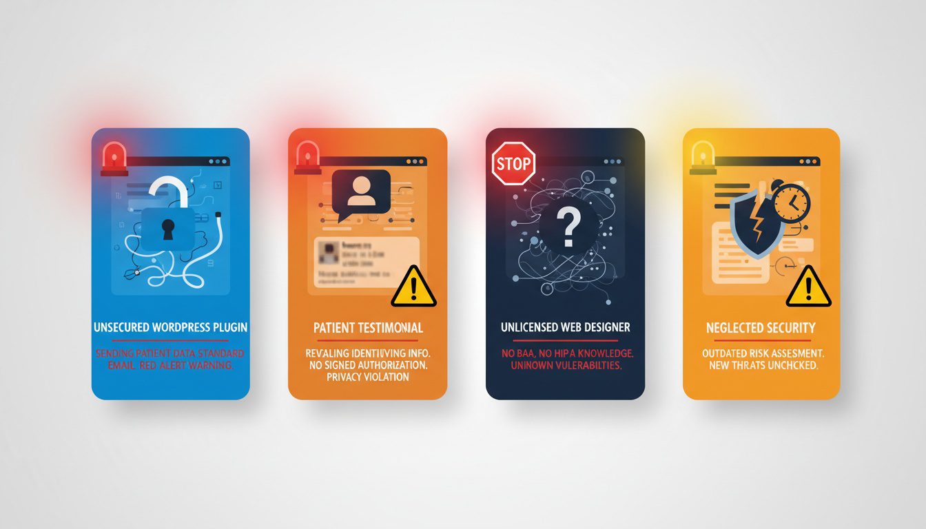 Four common HIPAA mistakes showing insecure forms_ unauthorized testimonials_ missing BAAs_ and neglected audits