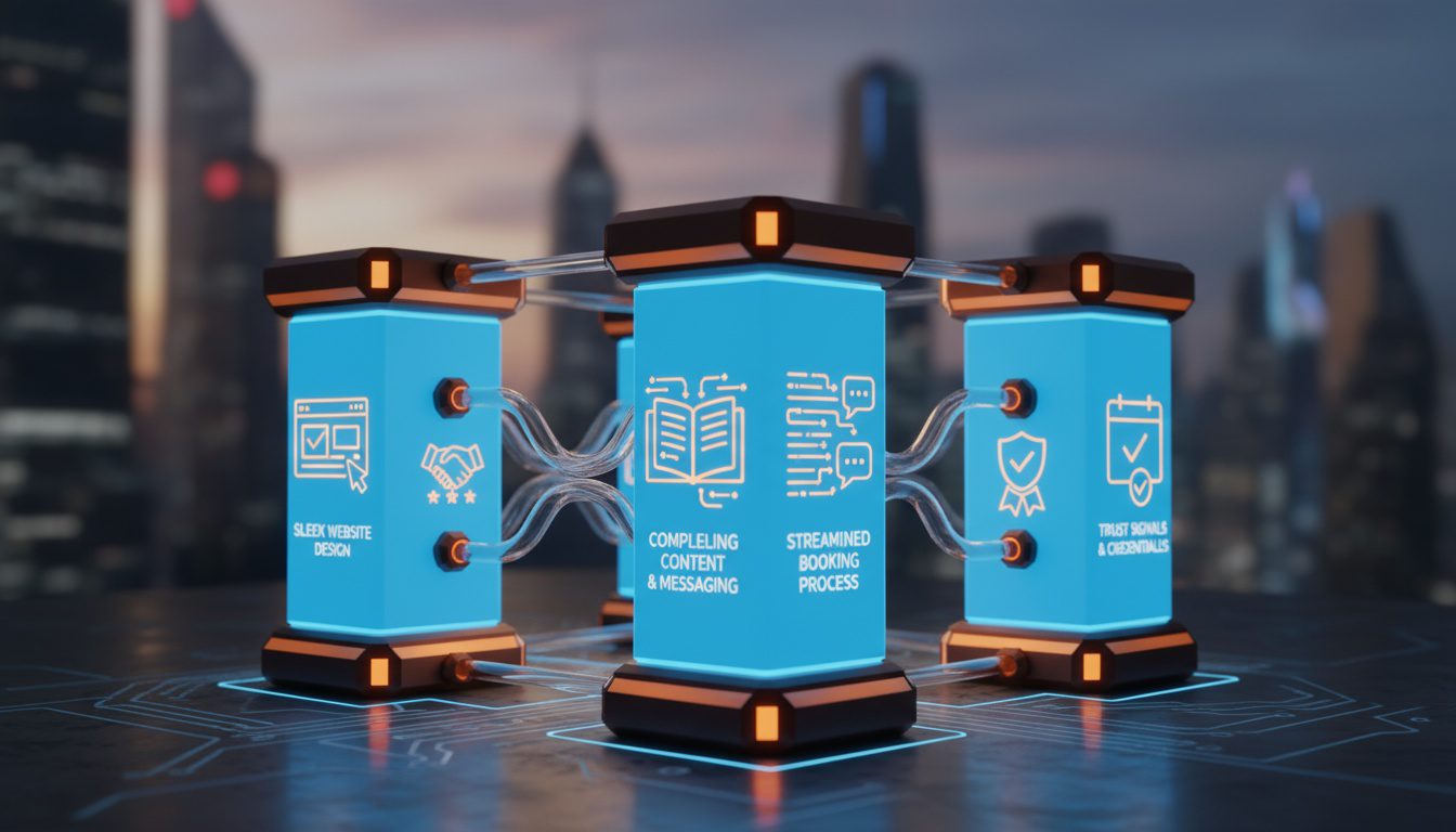 Four core elements of high-converting chiropractic websites including design, content, booking, and trust signals working together