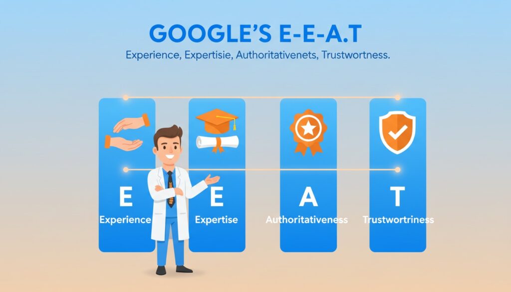 Four pillars representing Google EEAT framework for chiropractors with experience expertise authority and trust icons