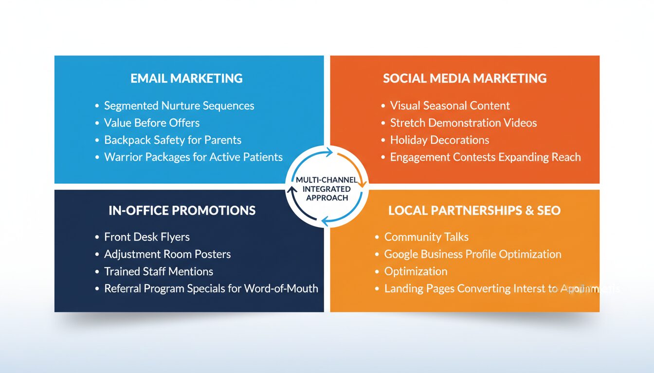 Four promotional channels using email, social media, in-office tactics, and local SEO amplifying seasonal campaigns