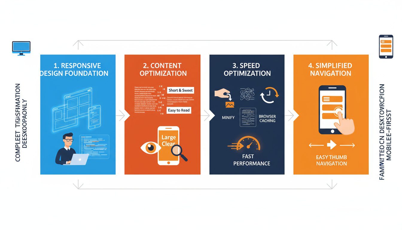 Four-step action plan implementing responsive design_ optimized content_ speed improvements_ and simplified navigation