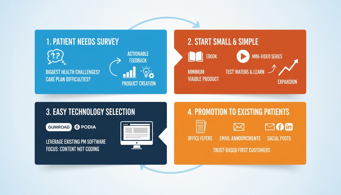 Four-step launch process from patient surveys through simple products to easy tech and existing patient promotion