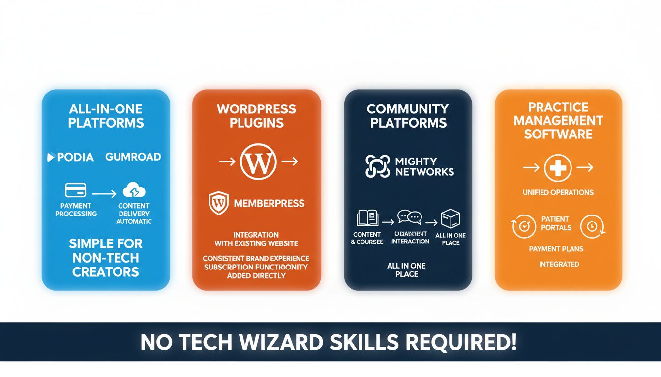 Four technology platform options from simple creator tools to WordPress plugins and practice management software
