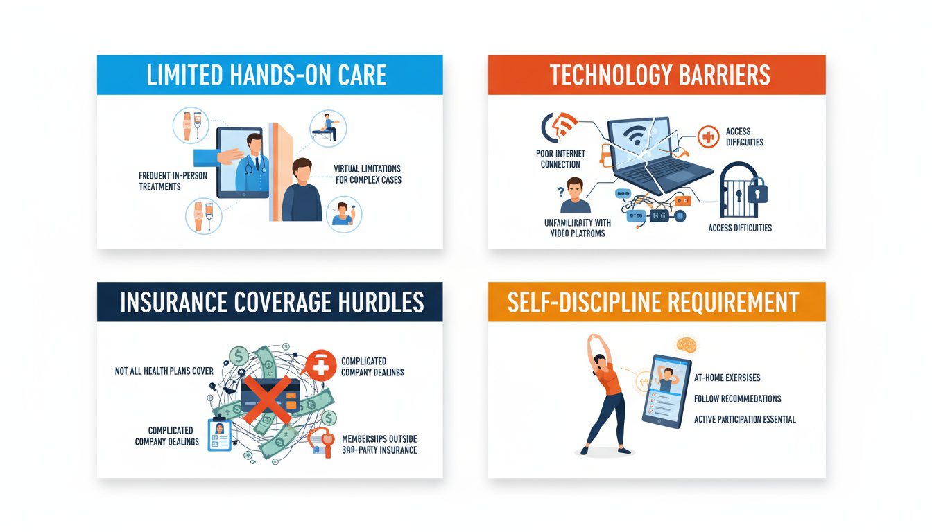 Four telehealth challenges including hands-on limitations_ technology barriers_ insurance coverage_ and self-discipline needs