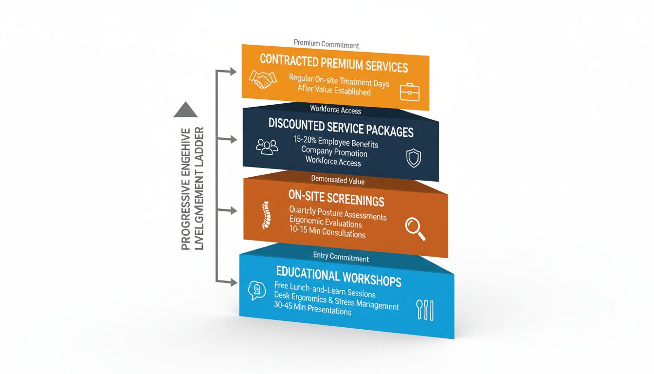 Four-tier service structure from free workshops to on-site screenings to discounts to premium contracted services