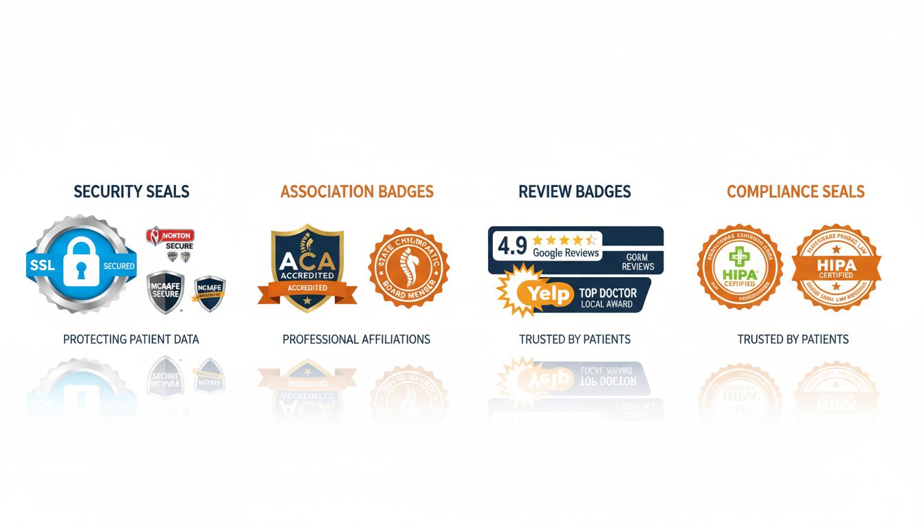 Four trust badge categories showing security seals professional associations patient reviews and compliance certifications